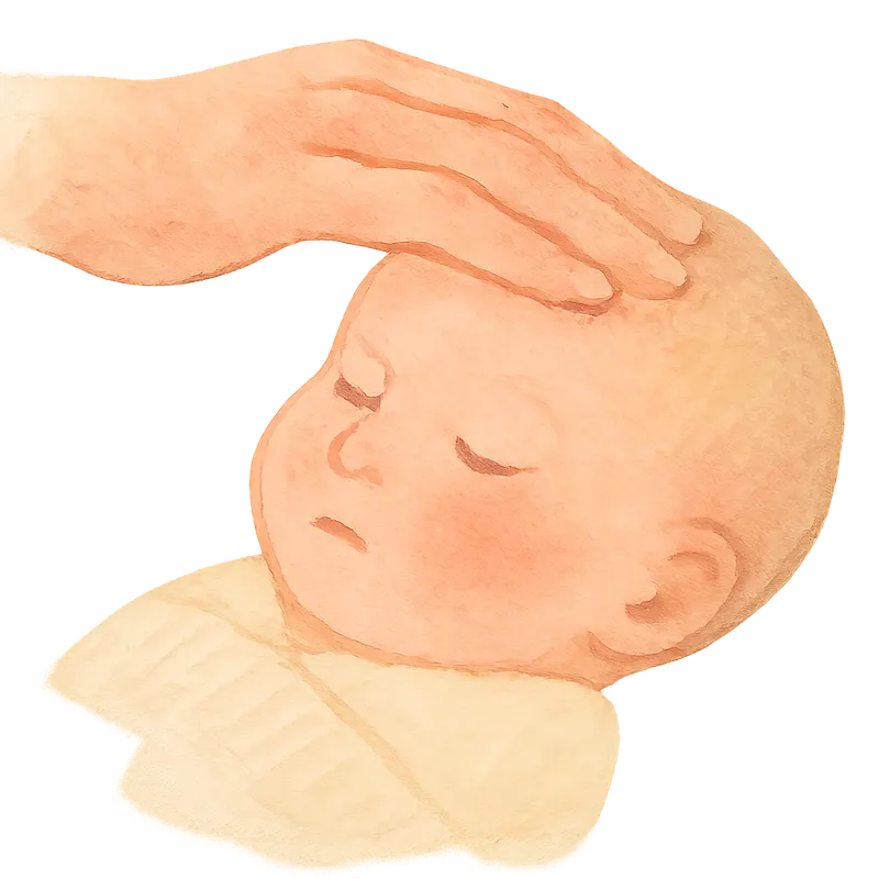 A soft watercolour of an adult's hand resting gently on a sleeping baby's forehead, checking warmth.