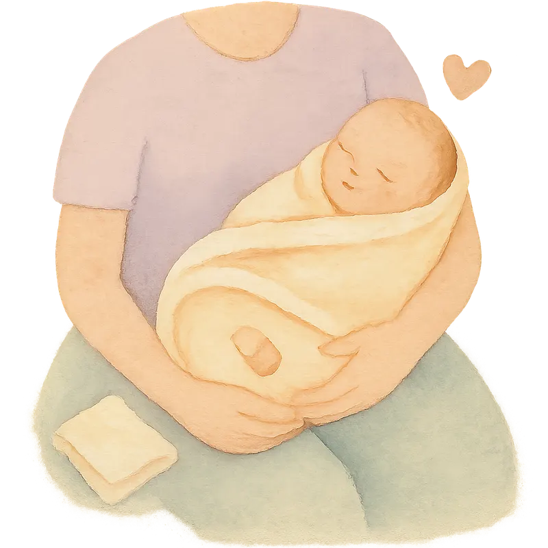 A soft watercolour of a parent's lap cradling a swaddled newborn with a tiny adhesive plaster on the thigh, the calm 'it's over, you're okay' moment after immunisation.