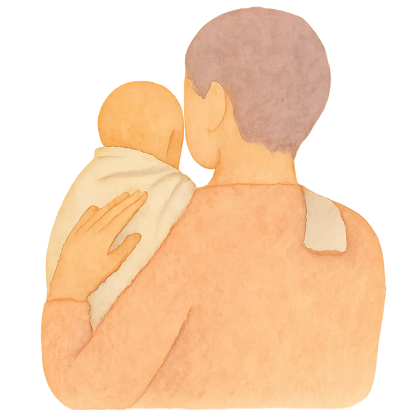 A soft watercolour of a parent cradling a swaddled baby against their shoulder, gentle hand resting on the baby's back, post-feed cuddle and burp.