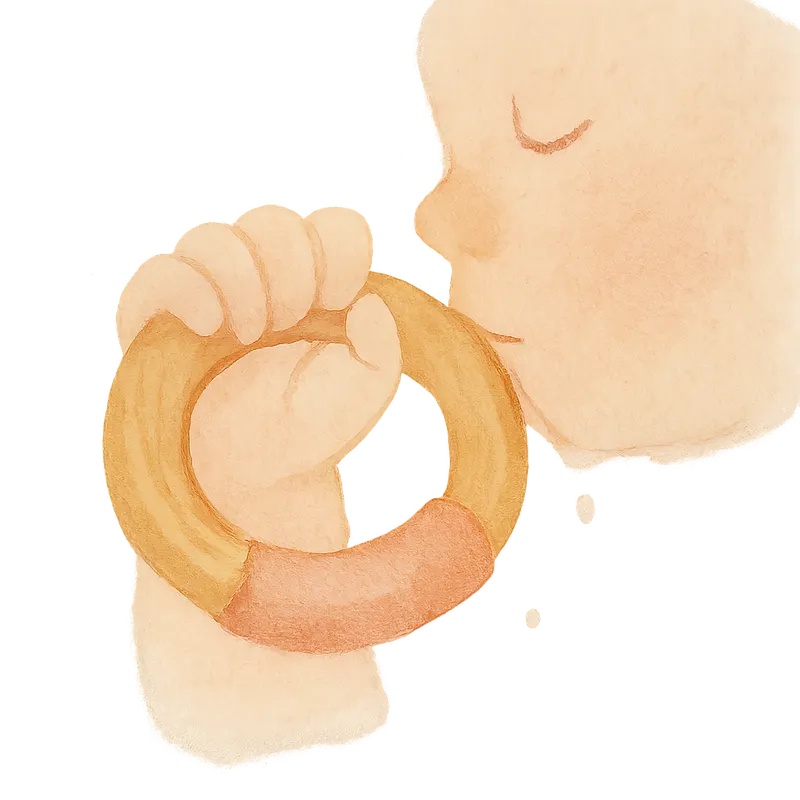 A soft watercolour of a baby's small hand grasping a smooth wooden teething ring with a coral silicone band, the universal soothing object.