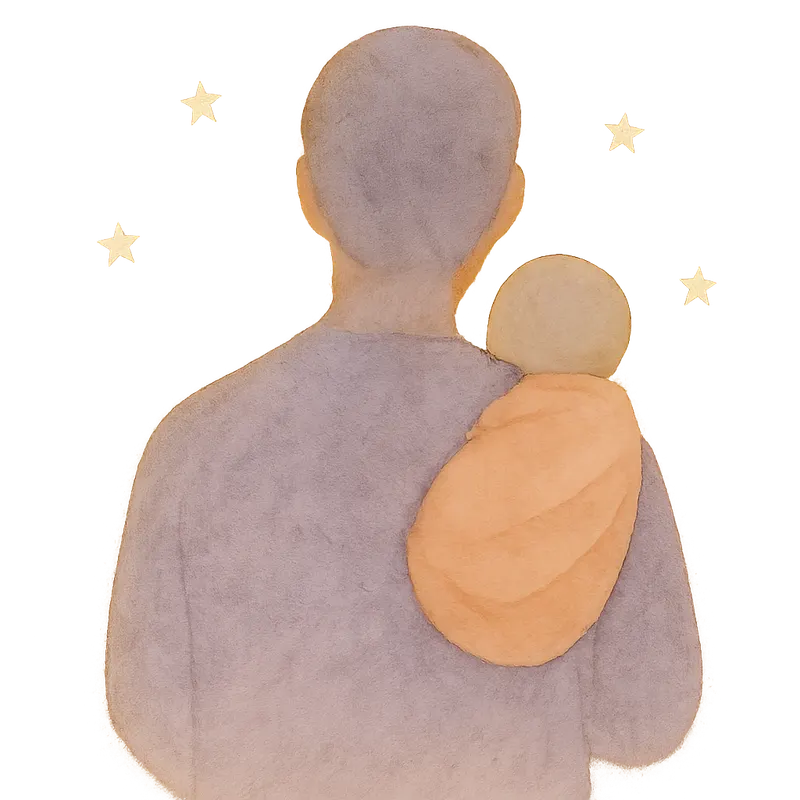 A soft watercolour of a parent cradling a swaddled newborn against their shoulder, viewed from behind, with small stars drifting in dim warm lamplight.